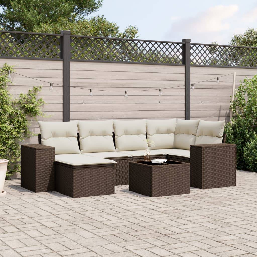 vidaXL 7-tlg. Garten-Sofagarnitur mit Kissen Braun Poly Rattan
