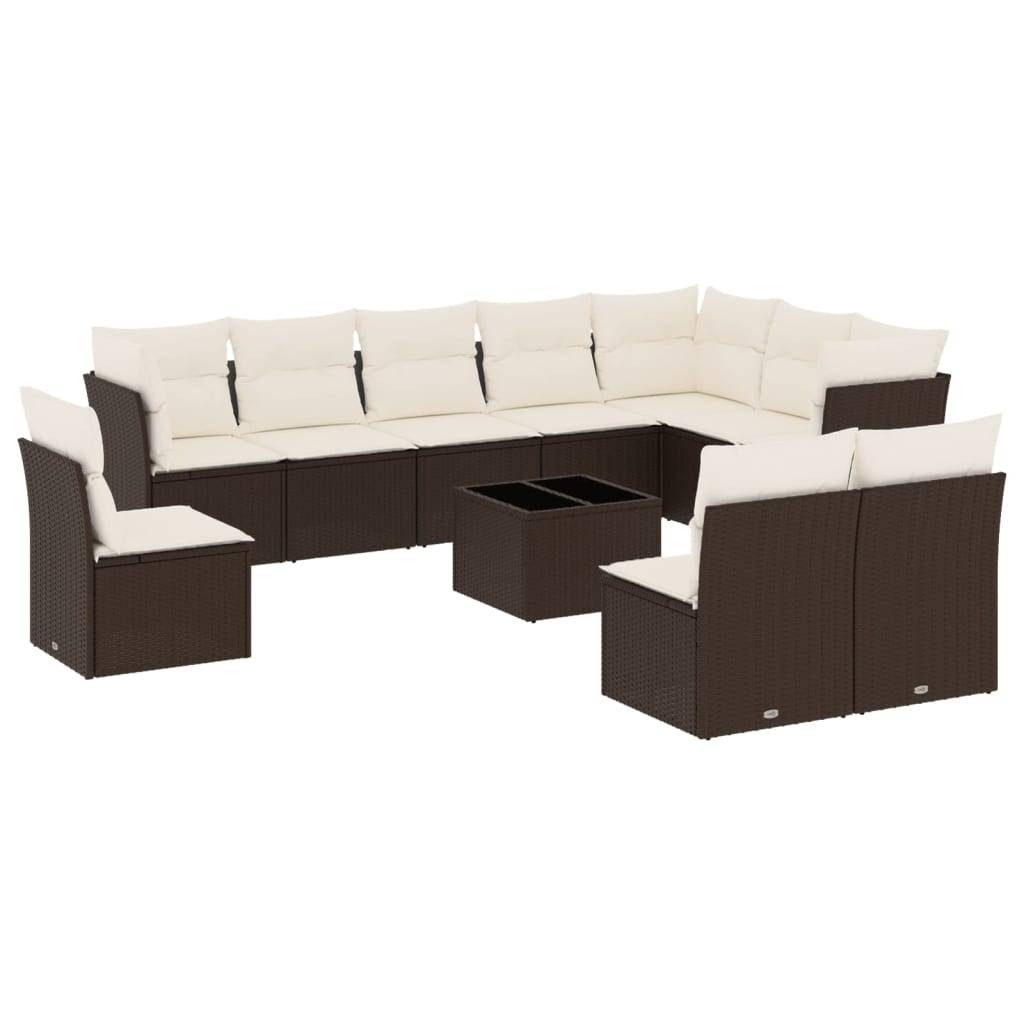 vidaXL 11-tlg. Garten-Sofagarnitur mit Kissen Braun Poly Rattan