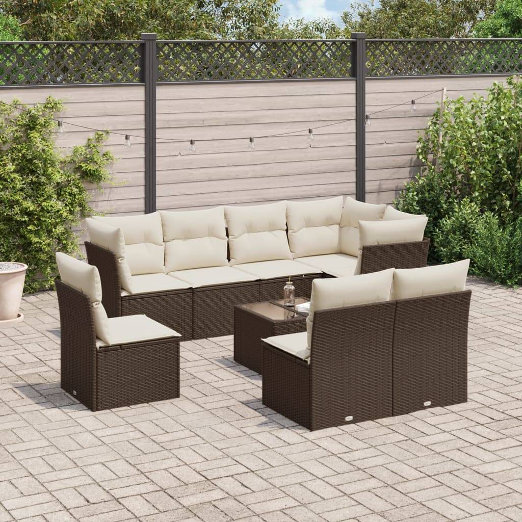vidaXL 9-tlg. Garten-Sofagarnitur mit Kissen Braun Poly Rattan
