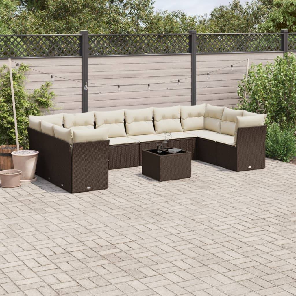 vidaXL 11-tlg. Garten-Sofagarnitur mit Kissen Braun Poly Rattan