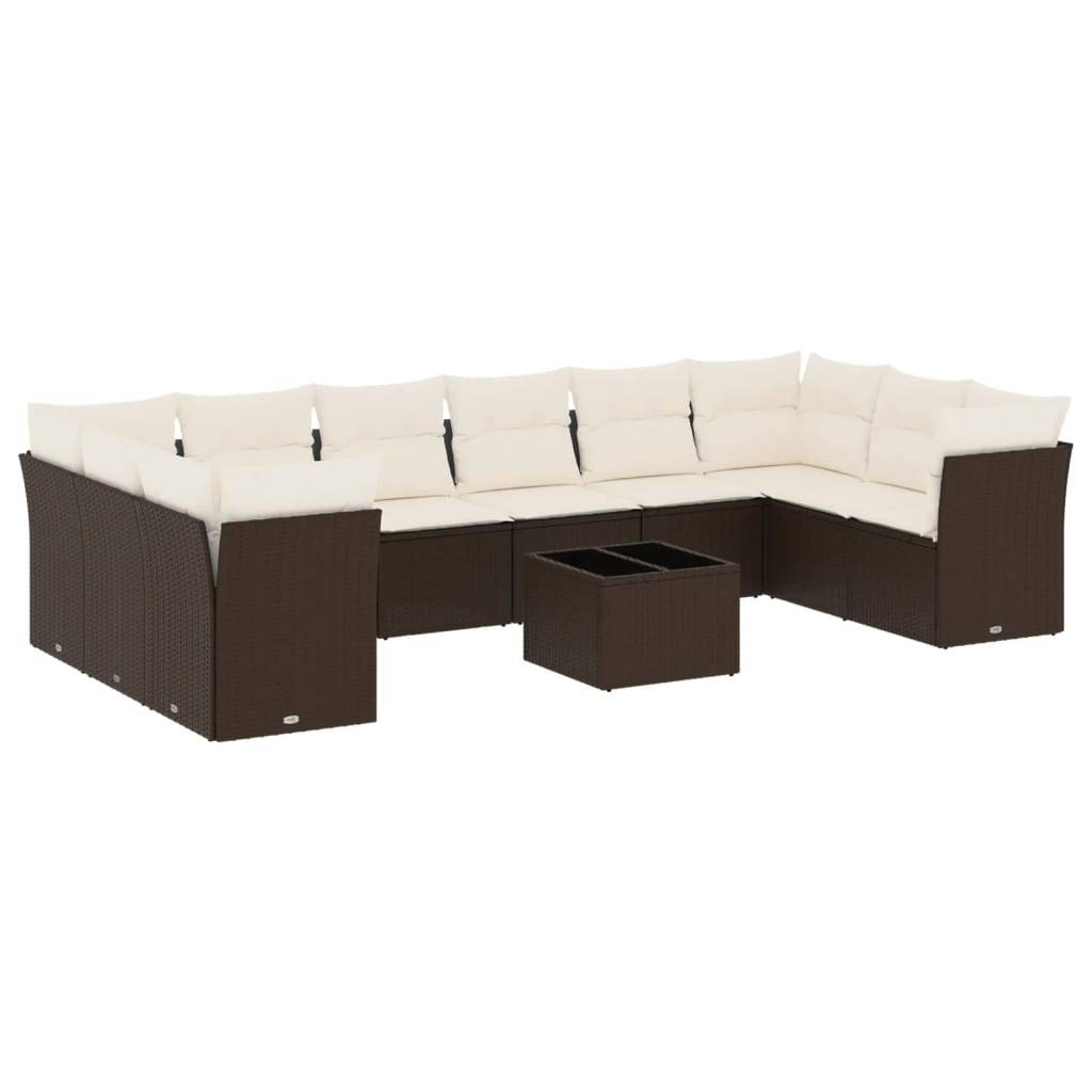 vidaXL 11-tlg. Garten-Sofagarnitur mit Kissen Braun Poly Rattan