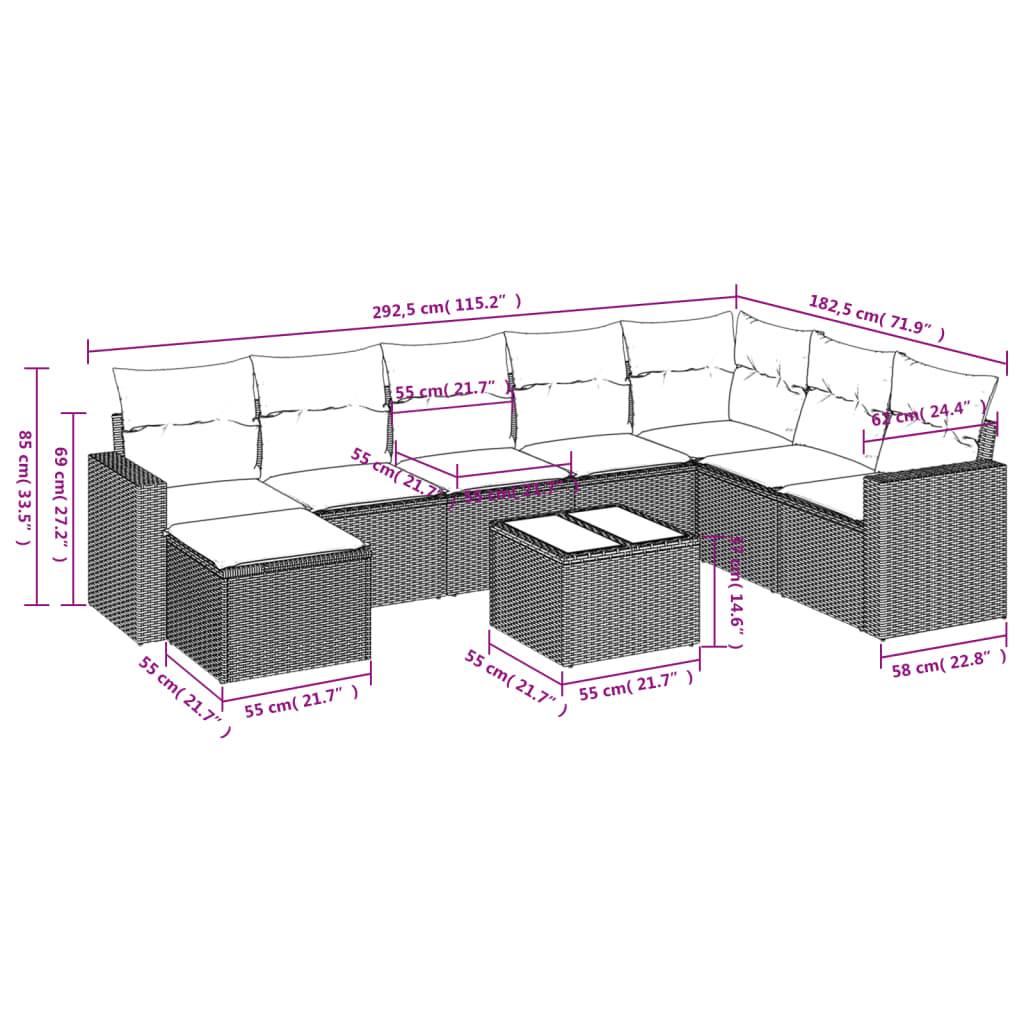 vidaXL 9-tlg. Garten-Sofagarnitur mit Kissen Braun Poly Rattan