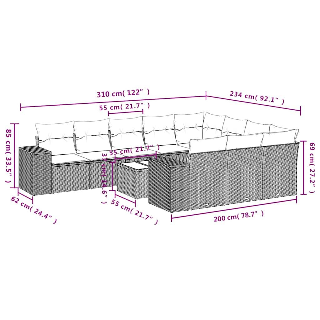 vidaXL 11-teiliges Gartensofa-Set mit Kissen, grau, Polyrattan