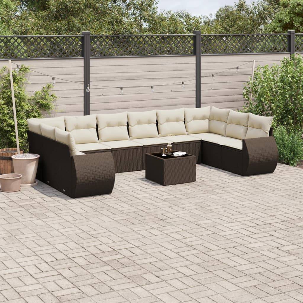 vidaXL 11-tlg. Garten-Sofagarnitur mit Kissen Braun Poly Rattan