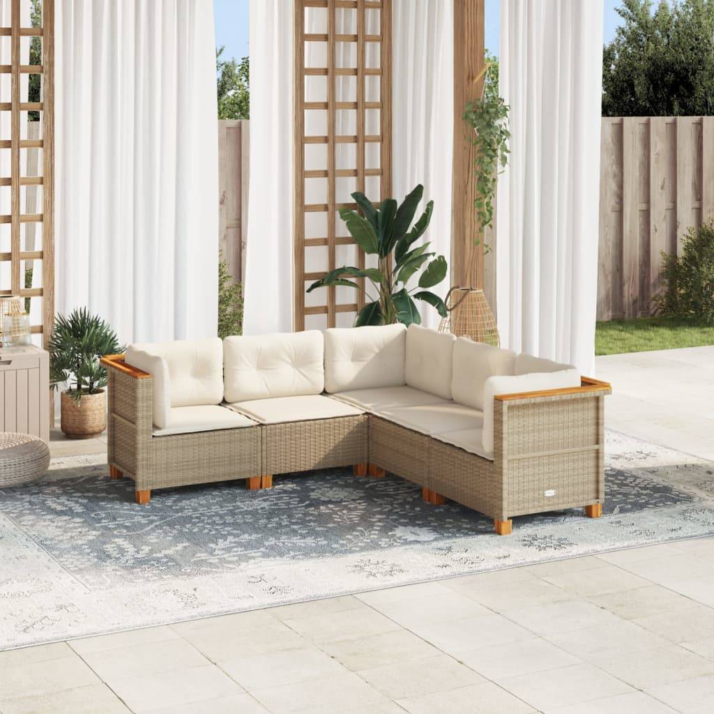 vidaXL 5-tlg. Garten-Sofagarnitur mit Kissen Beige Poly Rattan