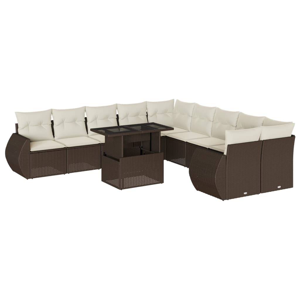 vidaXL 11-tlg. Garten-Sofagarnitur mit Kissen Braun Poly Rattan