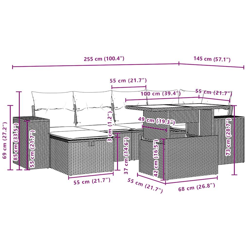 vidaXL 7-teiliges Gartensofa-Set mit Kissen, braun, Polyrattan
