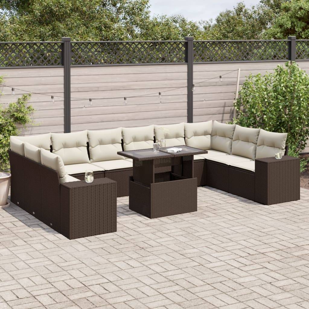 vidaXL 11-tlg. Garten-Sofagarnitur mit Kissen Braun Poly Rattan