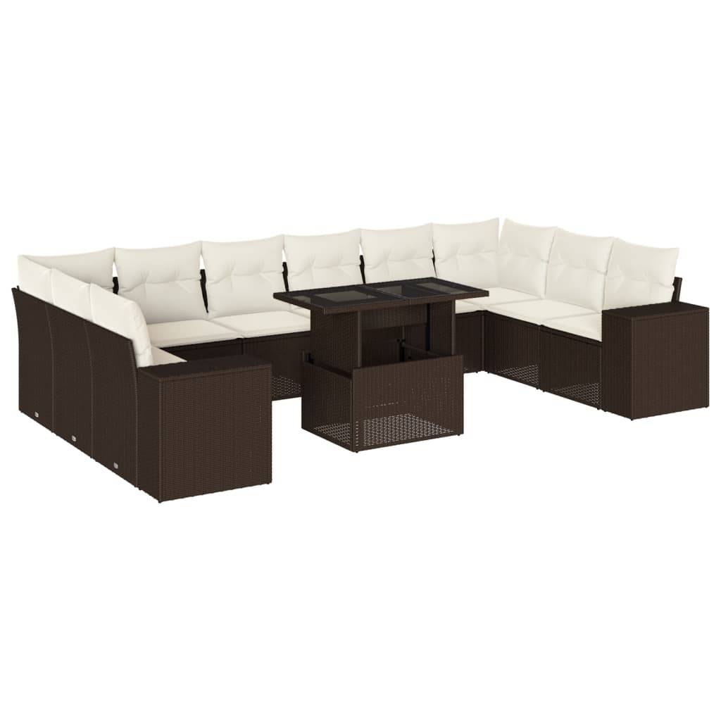 vidaXL 11-tlg. Garten-Sofagarnitur mit Kissen Braun Poly Rattan