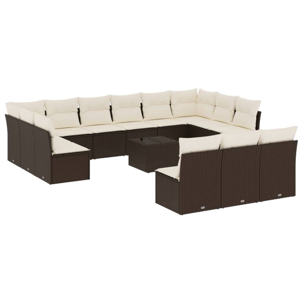 vidaXL 14-tlg. Garten-Sofagarnitur mit Kissen Braun Poly Rattan