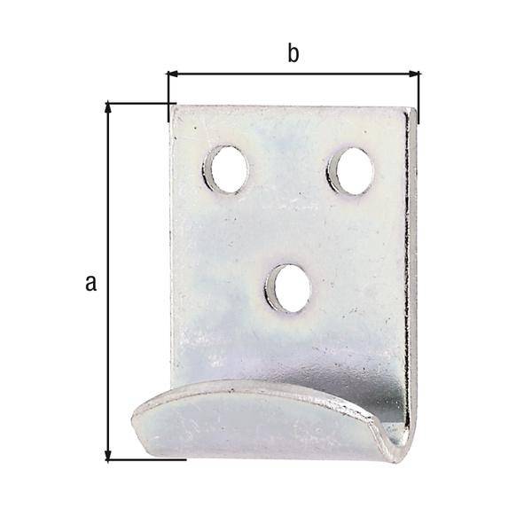 Metallhalterung mit drei runden Löchern und einer gebogenen Unterkante. Abmessungen mit 'a' (vertikal) und 'b' (horizontal) beschriftet.