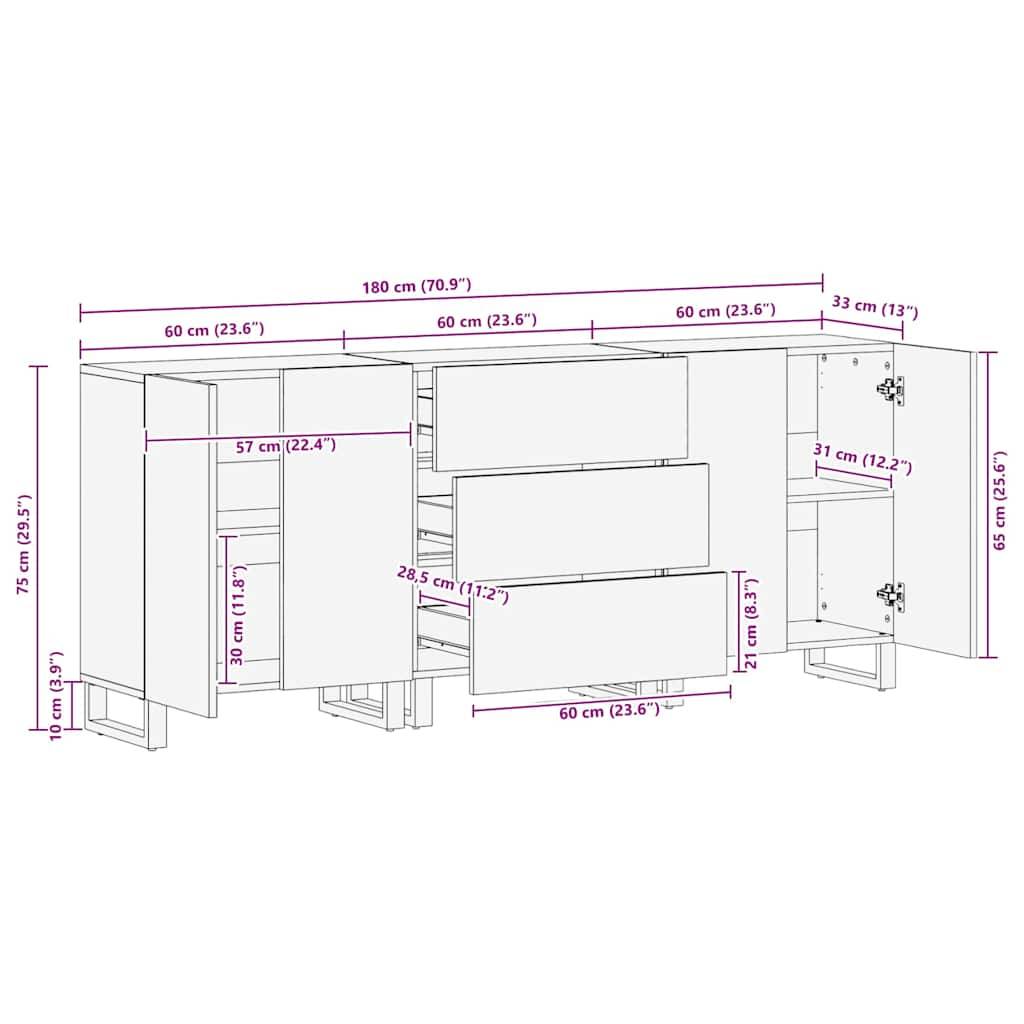 vidaXL 3-tlg. Sideboards Schwarz 60x33x75 cm Massivholz Mango