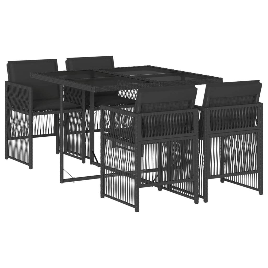 vidaXL 5-tlg. Garten-Essgruppe mit Kissen Schwarz Poly Rattan