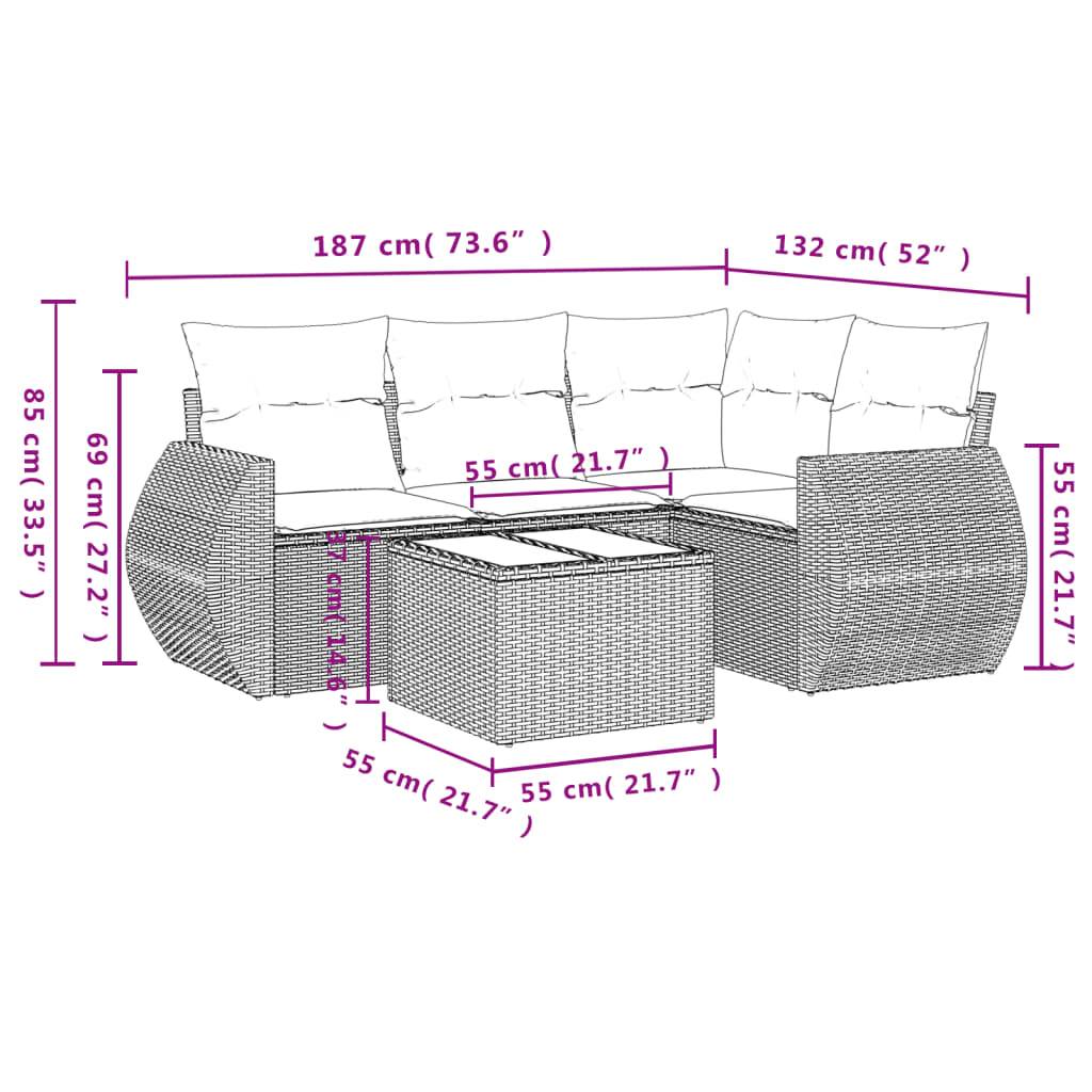 vidaXL 5-tlg. Garten-Sofagarnitur mit Kissen Braun Poly Rattan