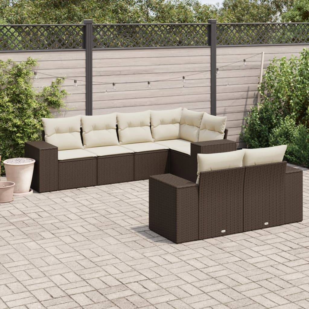 vidaXL 7-tlg. Garten-Sofagarnitur mit Kissen Braun Poly Rattan