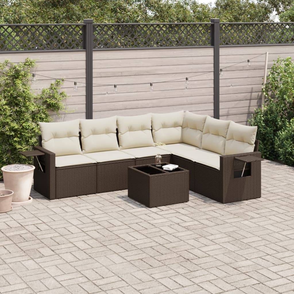 vidaXL 7-tlg. Garten-Sofagarnitur mit Kissen Braun Poly Rattan
