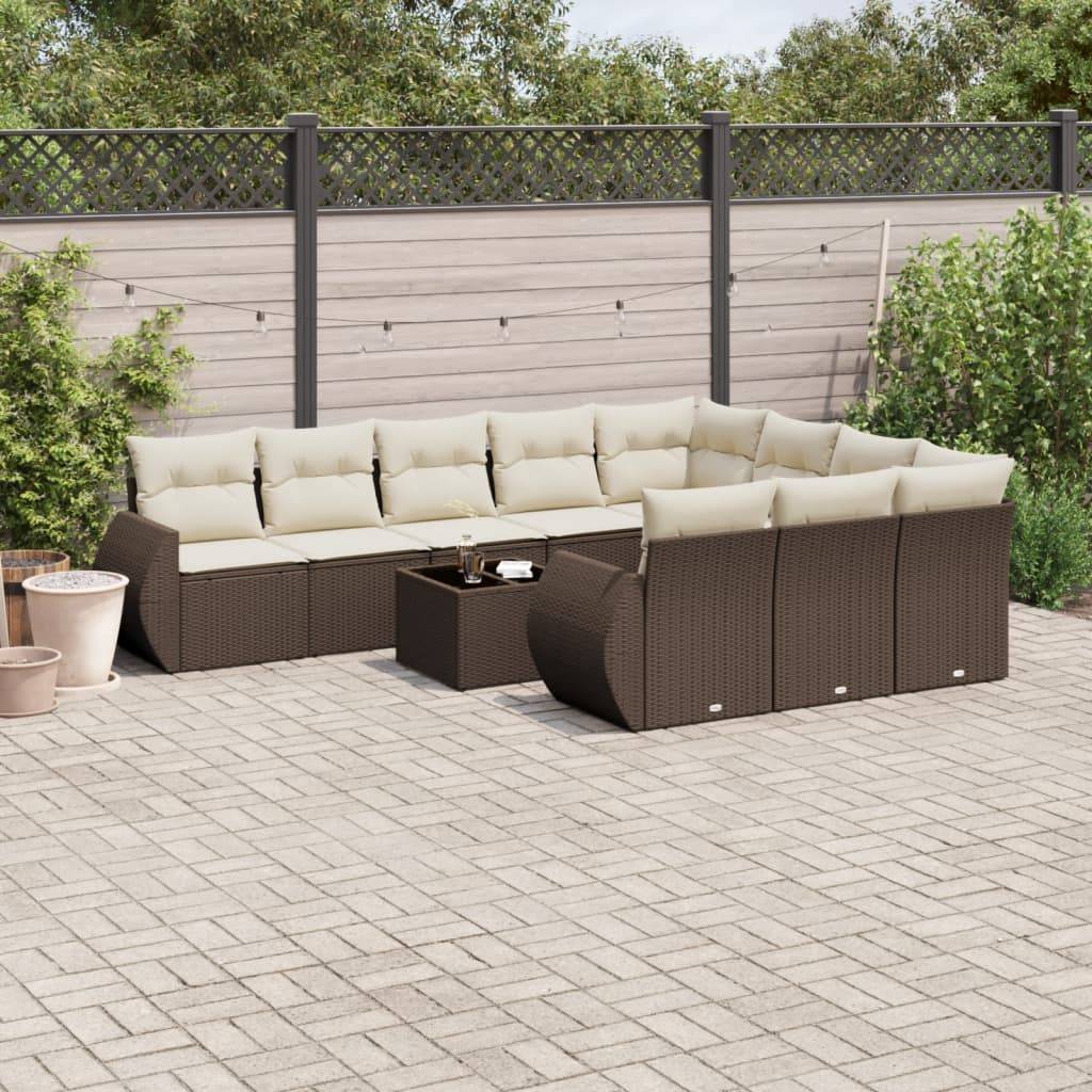 vidaXL 11-tlg. Garten-Sofagarnitur mit Kissen Braun Poly Rattan