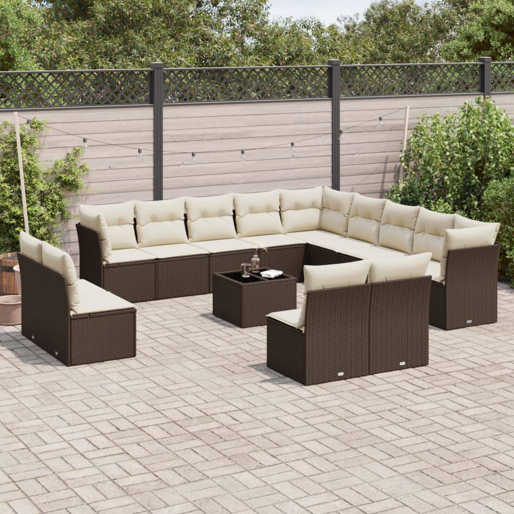 vidaXL 14-tlg. Garten-Sofagarnitur mit Kissen Braun Poly Rattan