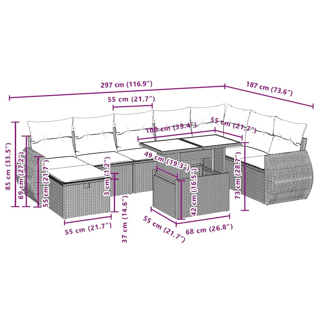 vidaXL 9-teiliges Gartensofa-Set mit Kissen, schwarzes Polyrattan