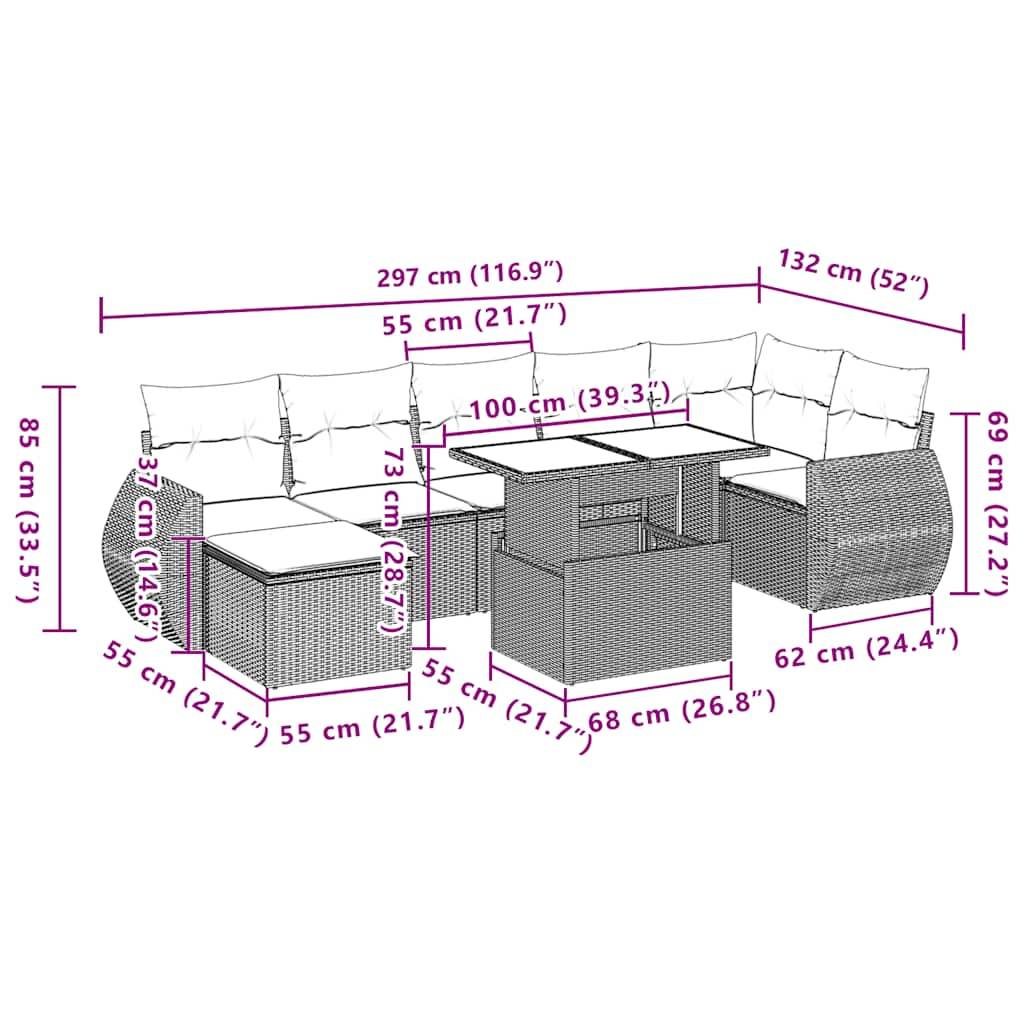 vidaXL 8-tlg. Garten-Sofagarnitur mit Kissen Braun Poly Rattan