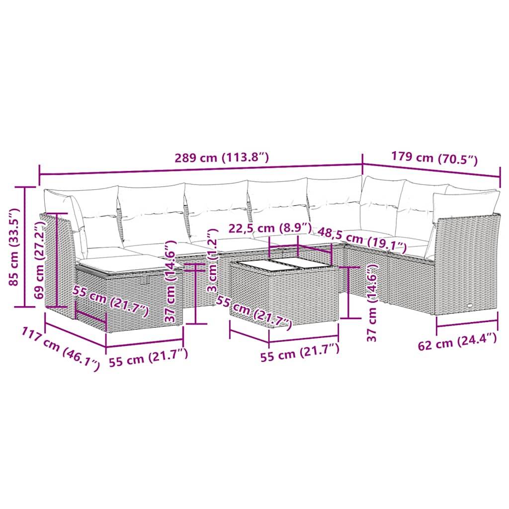 vidaXL 9-tlg. Garten-Sofagarnitur mit Kissen Schwarz Poly Rattan