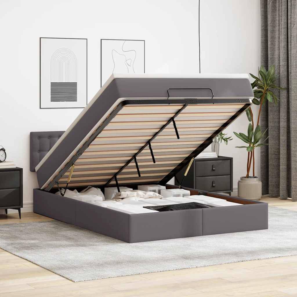 vidaXL Ottoman-Bett mit Matratzen & LEDs Grau 140x200 cm Kunstleder