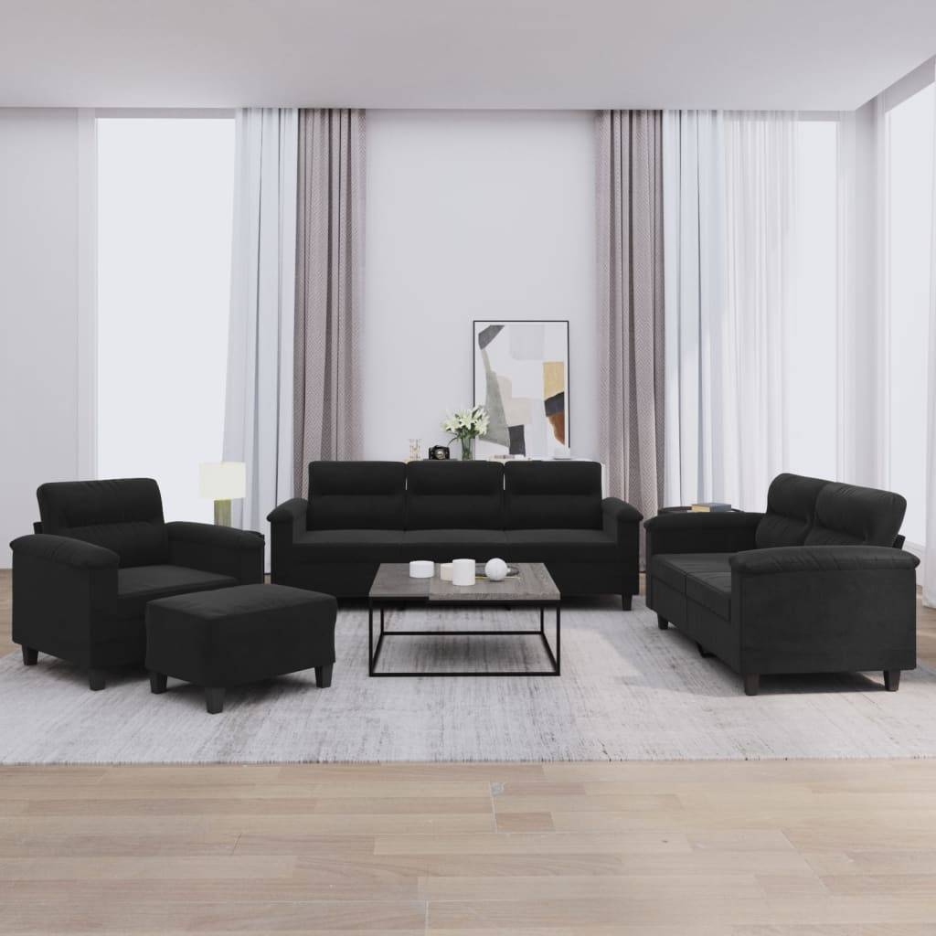 vidaXL 4-tlg. Sofagarnitur mit Kissen Schwarz Mikrofasergewebe