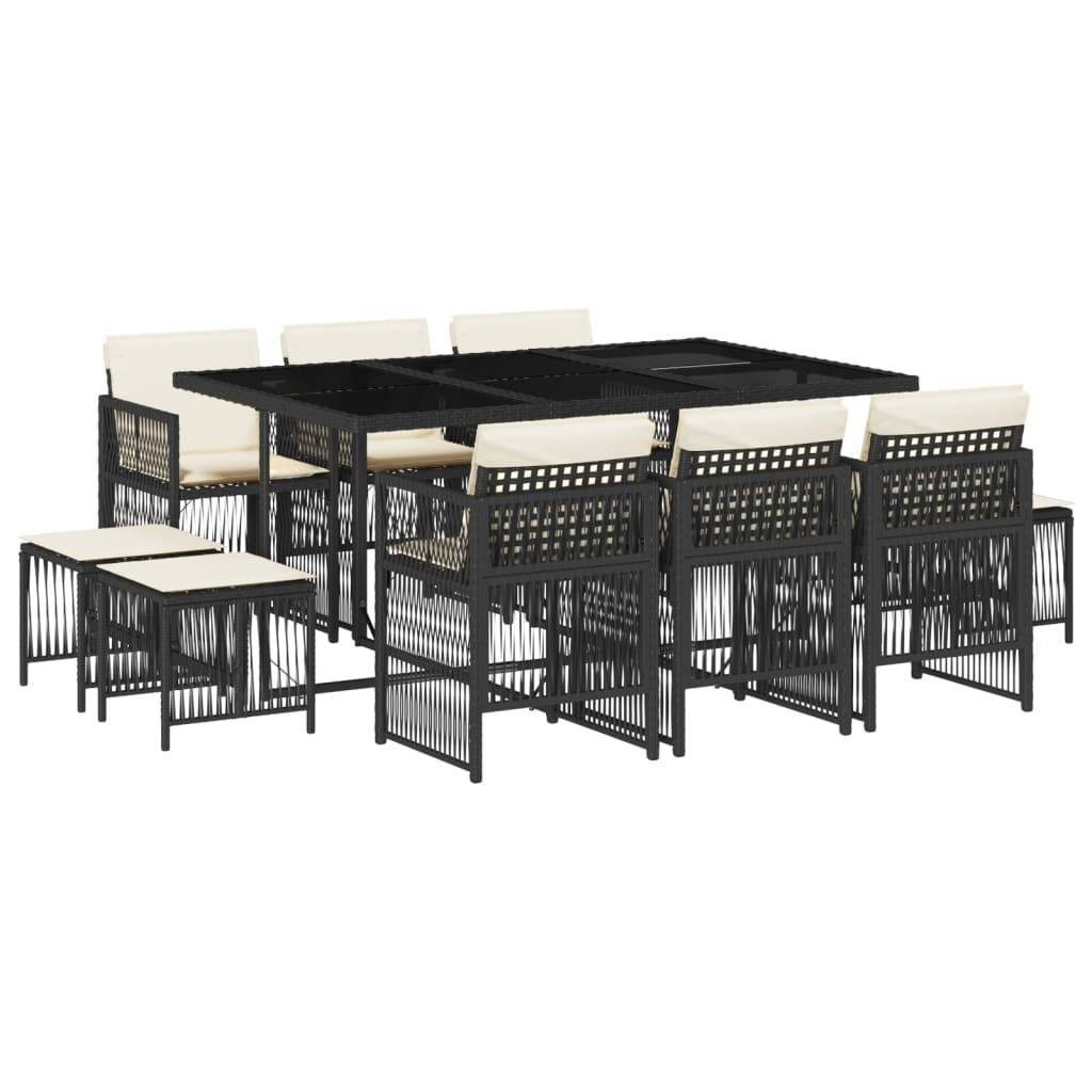 vidaXL 11-tlg. Garten-Essgruppe mit Kissen Schwarz Poly Rattan
