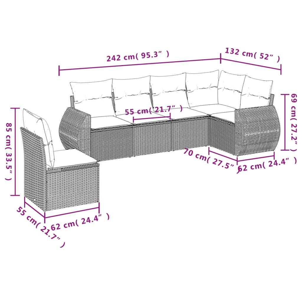 vidaXL 6-tlg. Garten-Sofagarnitur mit Kissen Braun Poly Rattan