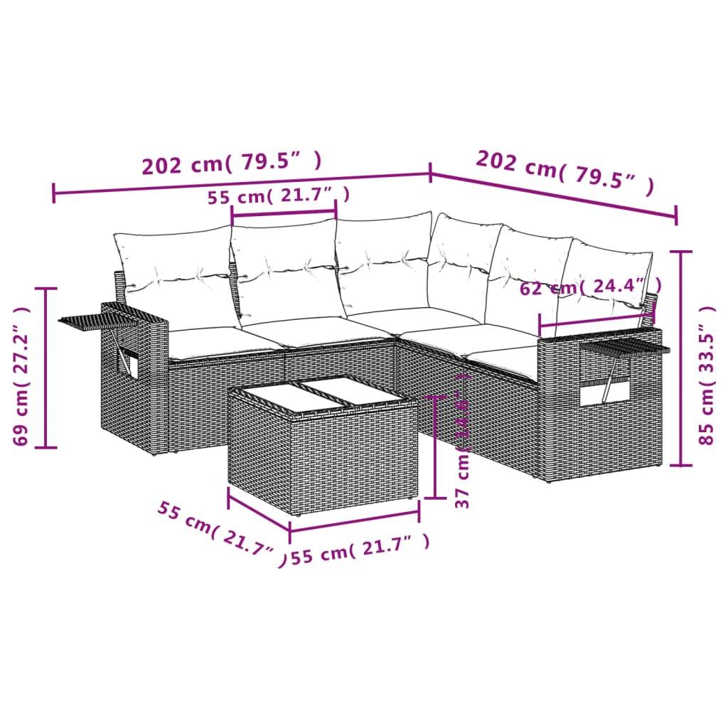 vidaXL 6-tlg. Garten-Sofagarnitur mit Kissen Braun Poly Rattan
