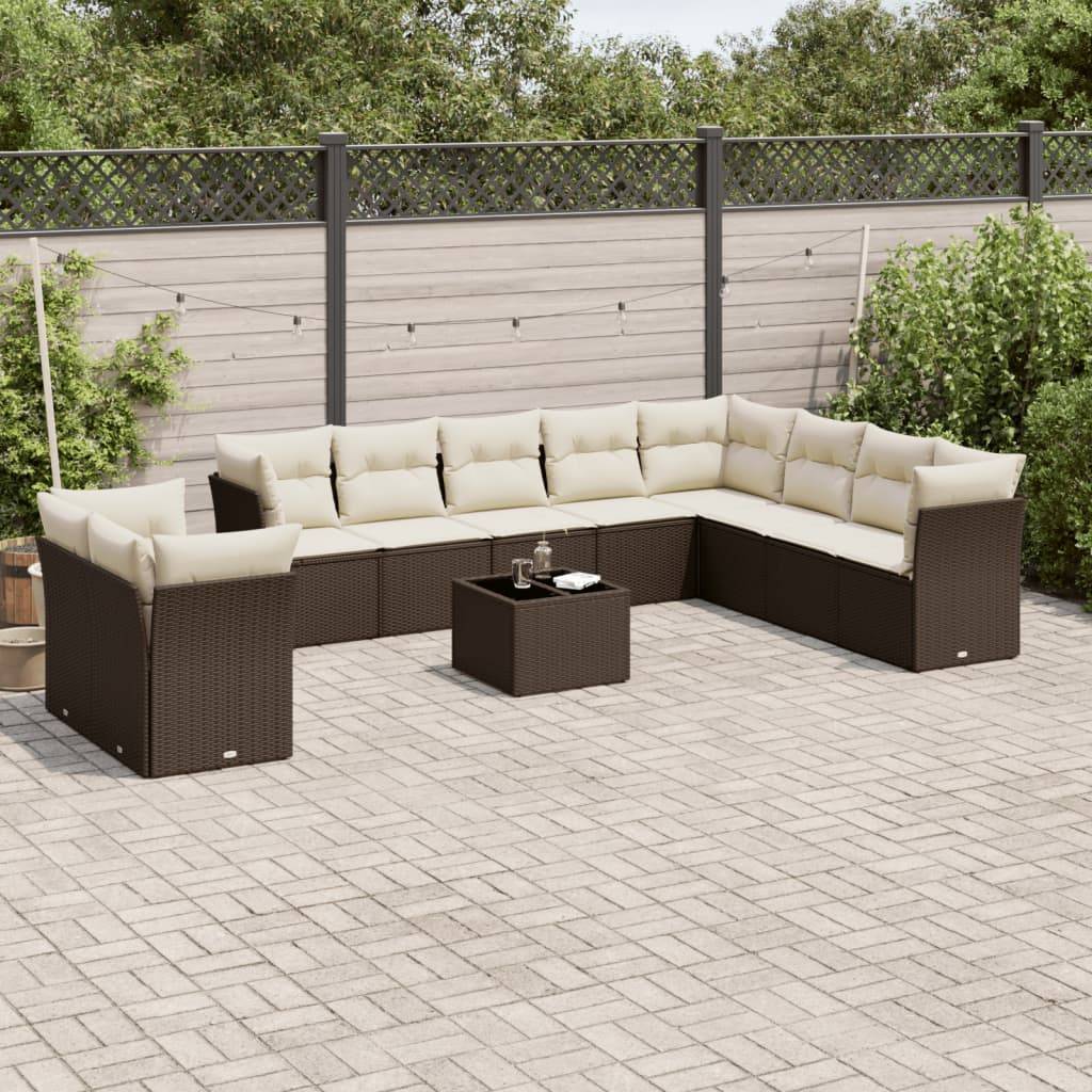 vidaXL 11-tlg. Garten-Sofagarnitur mit Kissen Braun Poly Rattan