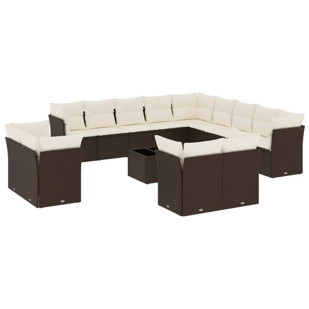 vidaXL 14-tlg. Garten-Sofagarnitur mit Kissen Braun Poly Rattan