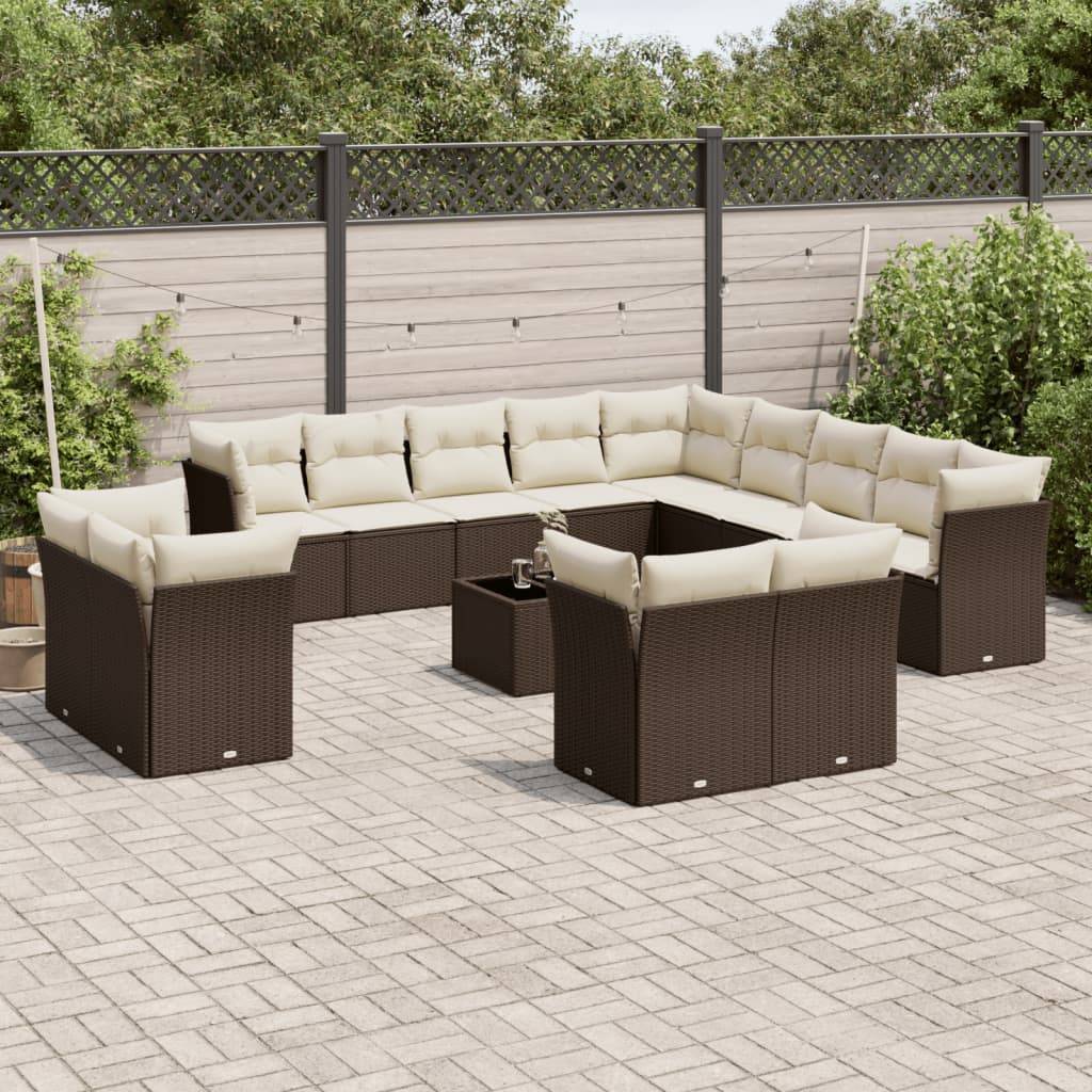 vidaXL 14-tlg. Garten-Sofagarnitur mit Kissen Braun Poly Rattan