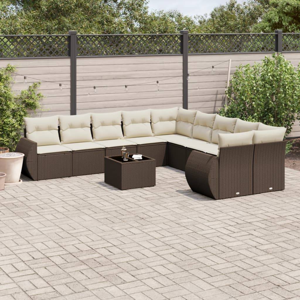 vidaXL 11-tlg. Garten-Sofagarnitur mit Kissen Braun Poly Rattan