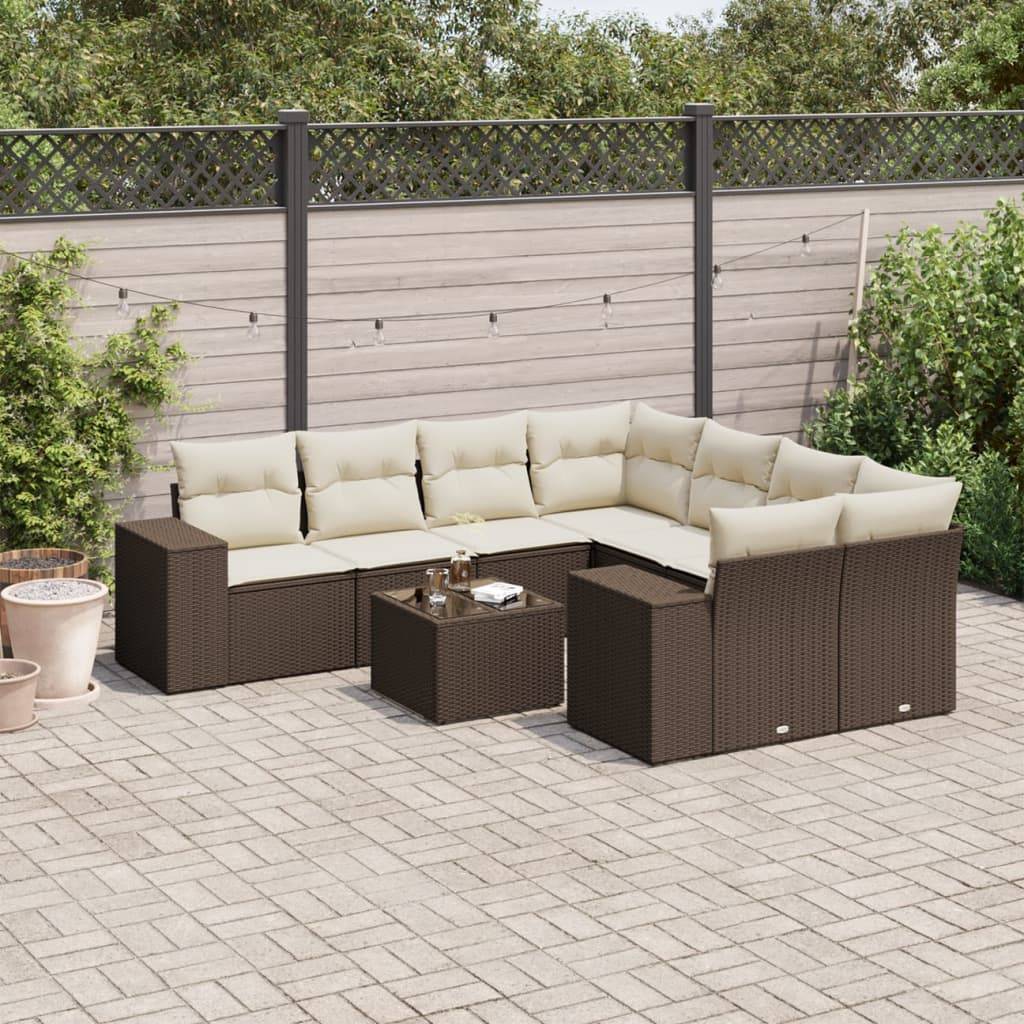 vidaXL 9-tlg. Garten-Sofagarnitur mit Kissen Braun Poly Rattan