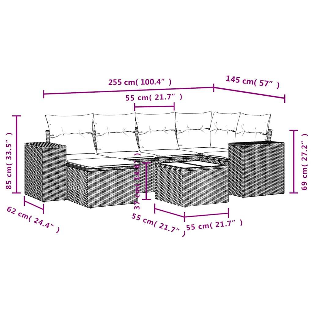 vidaXL 7-tlg. Garten-Sofagarnitur mit Kissen Braun Poly Rattan