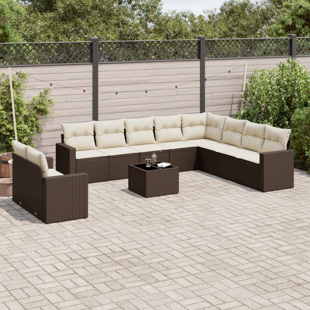 vidaXL 11-tlg. Garten-Sofagarnitur mit Kissen Braun Poly Rattan