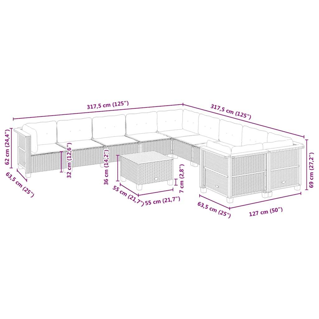 vidaXL 11-tlg. Garten-Sofagarnitur mit Kissen Beige Poly Rattan