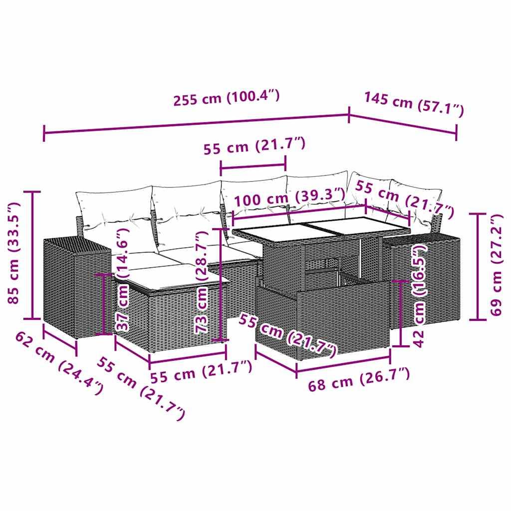 vidaXL 7-tlg. Garten-Sofagarnitur mit Kissen Braun Poly Rattan