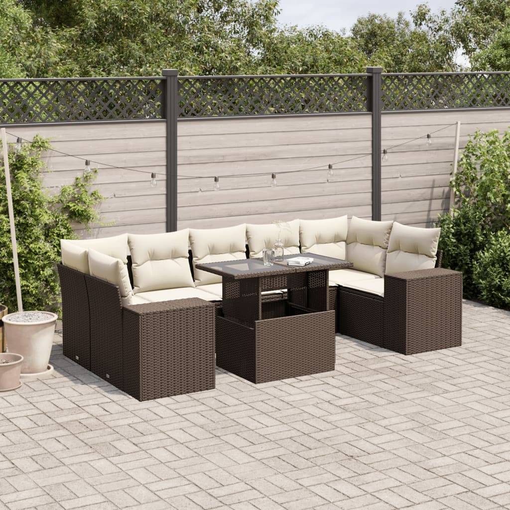 vidaXL 8-tlg. Garten-Sofagarnitur mit Kissen Braun Poly Rattan