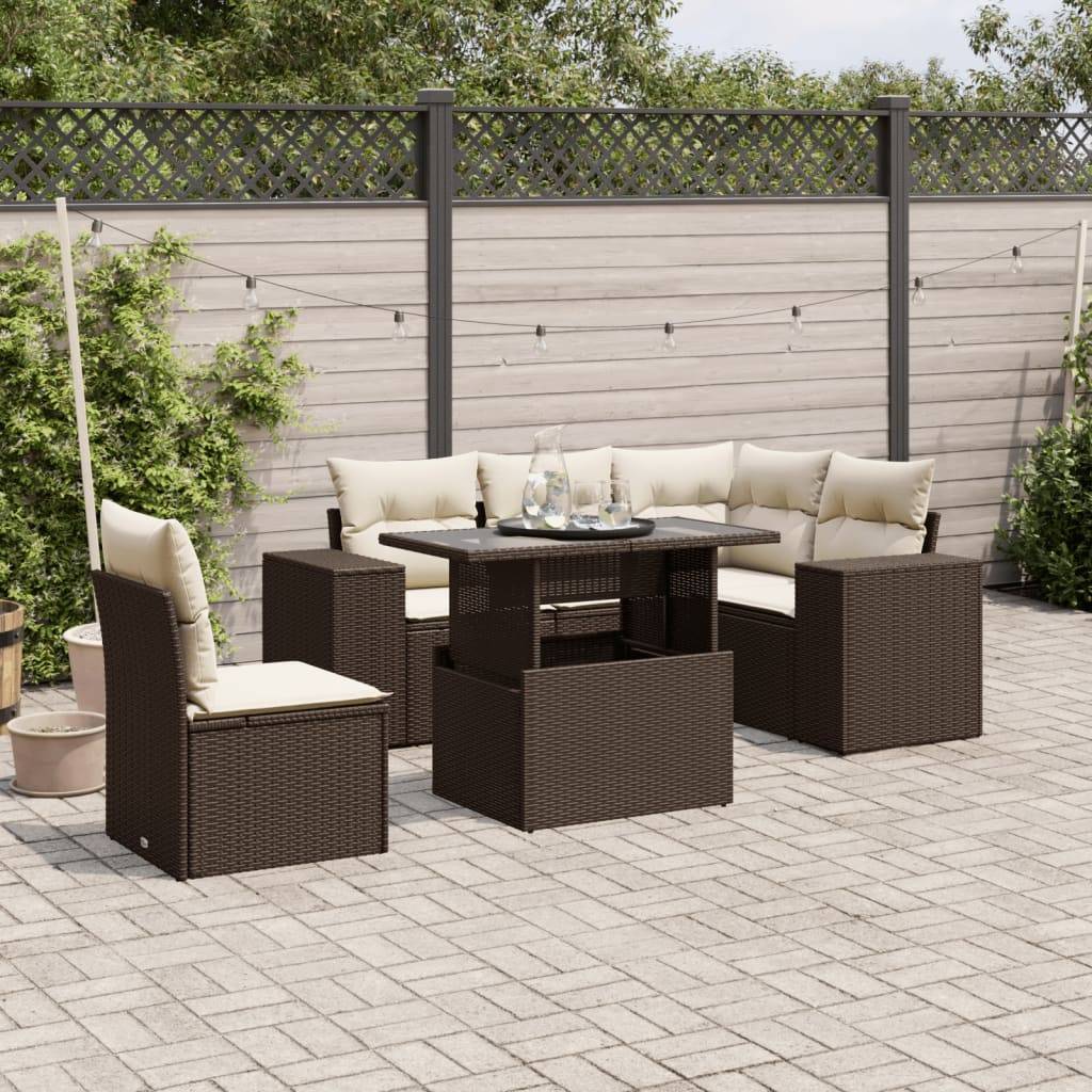 vidaXL 6-tlg. Garten-Sofagarnitur mit Kissen Braun Poly Rattan
