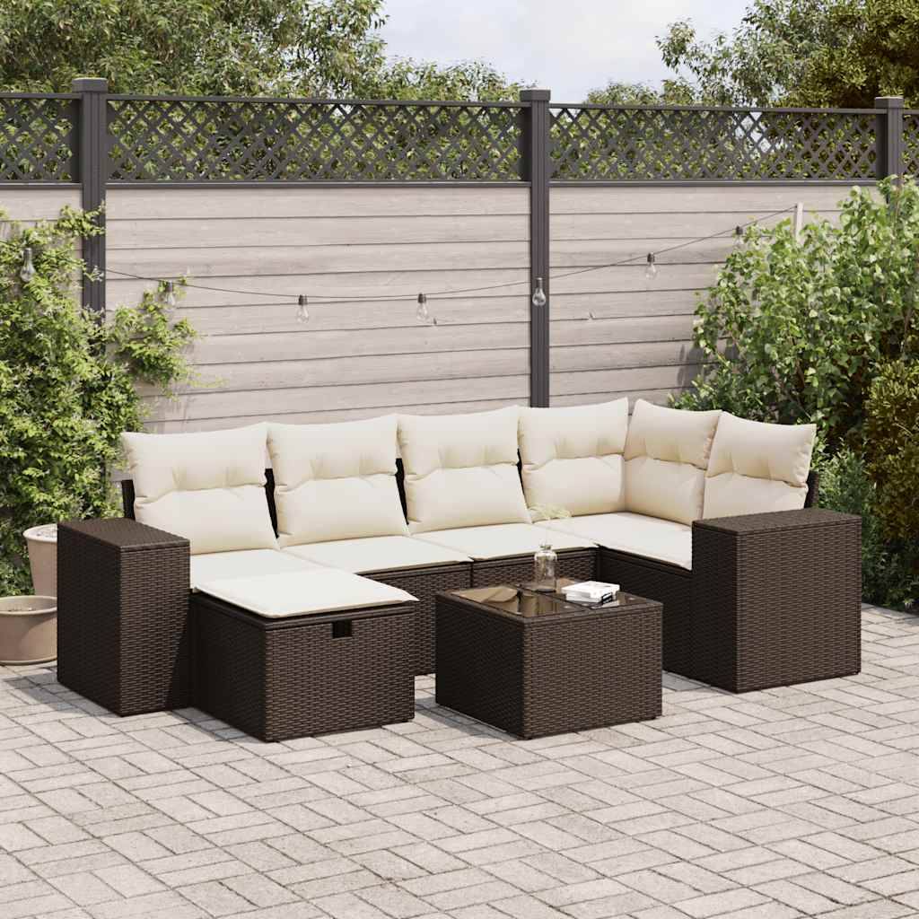 vidaXL 7-tlg. Garten-Sofagarnitur mit Kissen Braun Poly Rattan