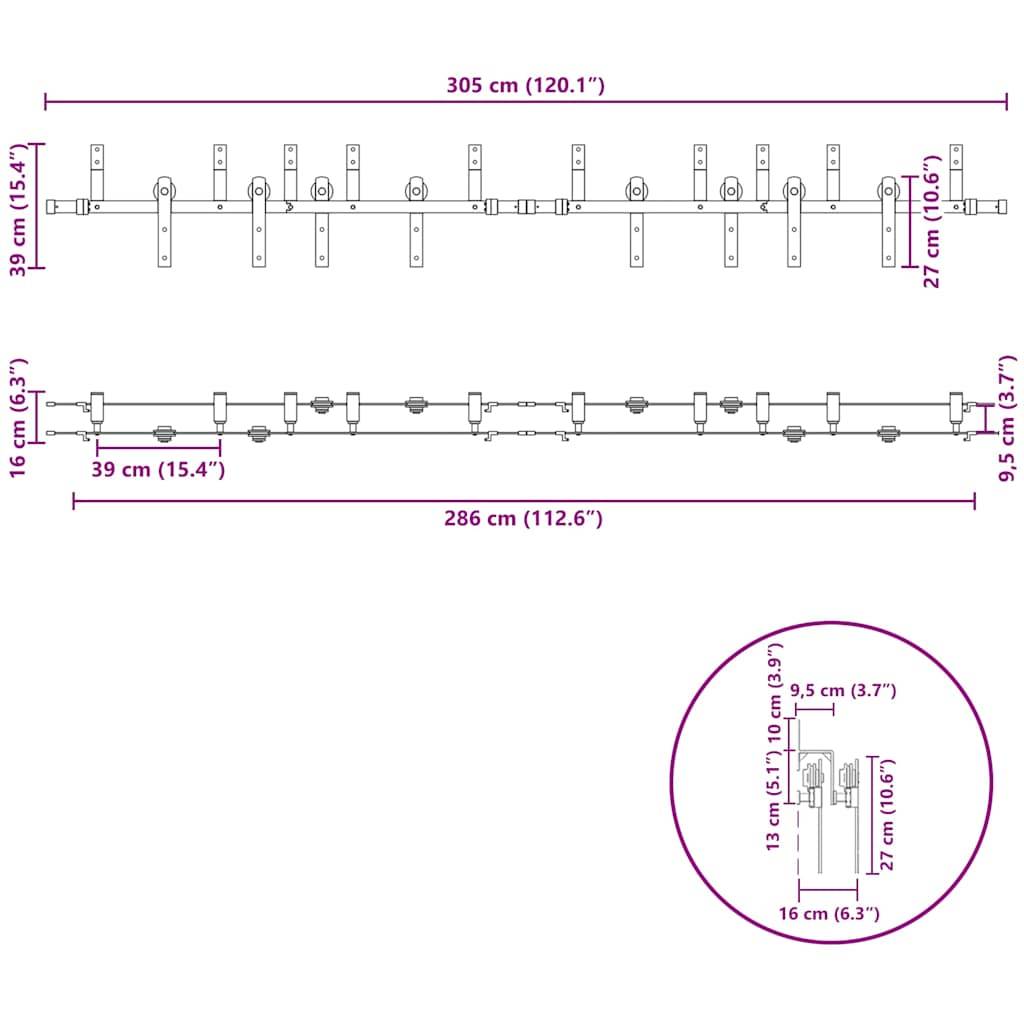 vidaXL Schiebetürbeschlag-Set 305 cm Stahl Schwarz