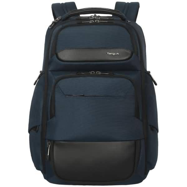 Vorderansicht eines dunkelblau Targus-Rucksacks mit mehreren Reißverschlussfächern und gepolsterten Schultergurten.