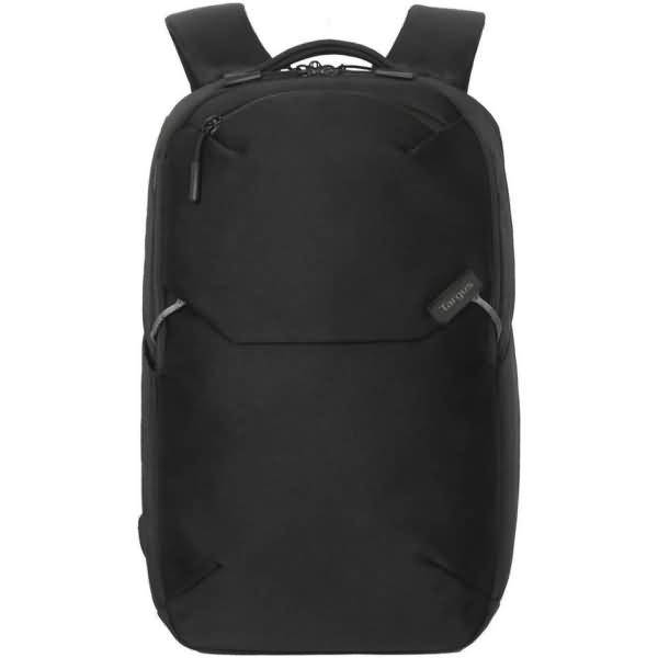 Schwarzer Rucksack mit einer vorderen Reißverschlusstasche, gepolsterten Schultergurten und minimalistische Design auf weißem Hintergrund gezeigt.
