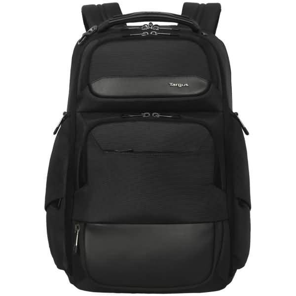 Schwarzer Targus-Rucksack mit mehreren verschließbaren Fächern und gepolsterten Schultergurten, Vorderansicht auf weißem Hintergrund.