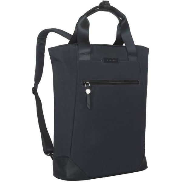 Dunkelblauer Rucksack mit Henkeln oben und Schultergurten, in Vorderansicht mit einer kleinen Reißverschlusstasche auf weißem Hintergrund gezeigt.