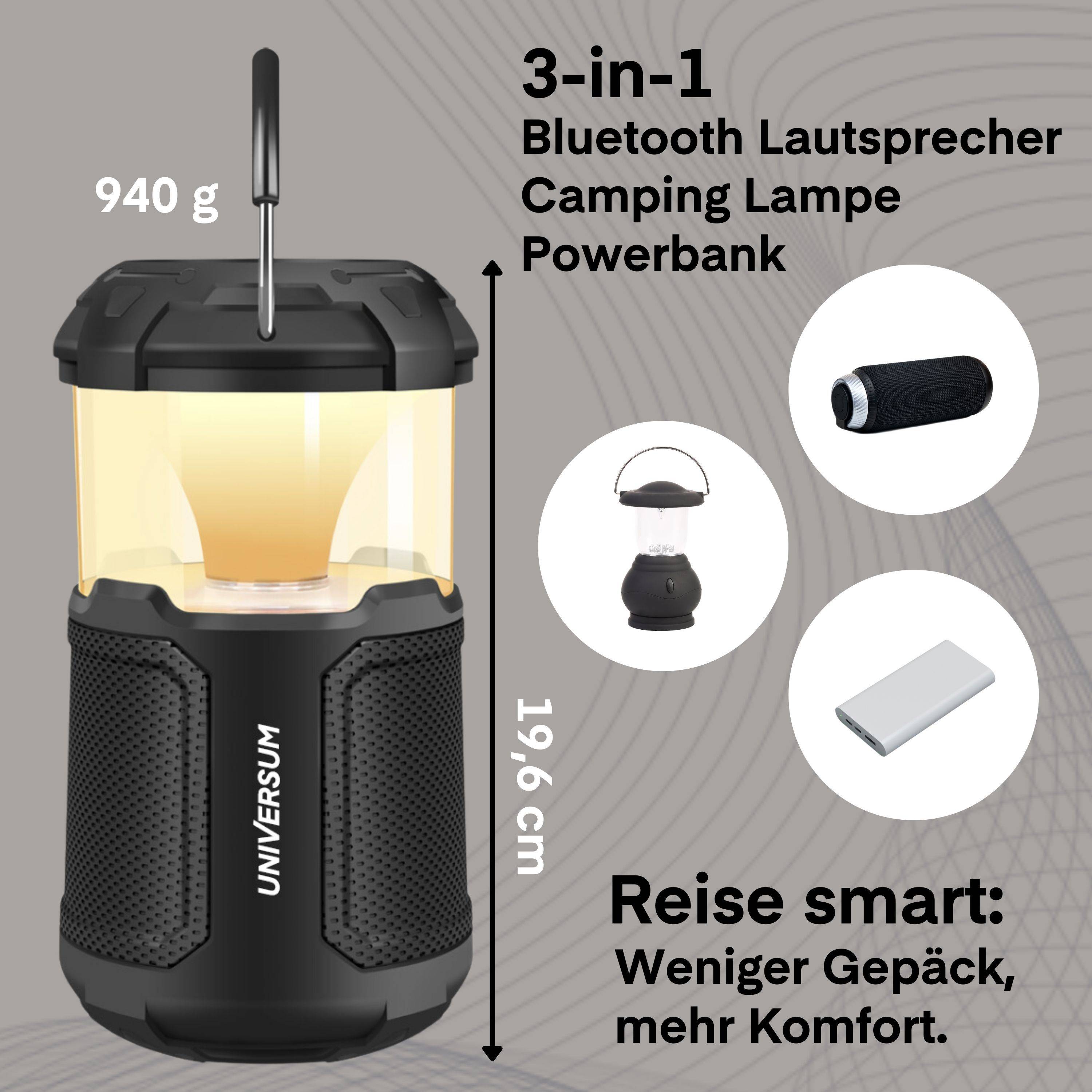 UNIVERSUM BT 300, Outdoor Bluetooth Lautsprecher mit Lampe, Powerbank USB, 20W