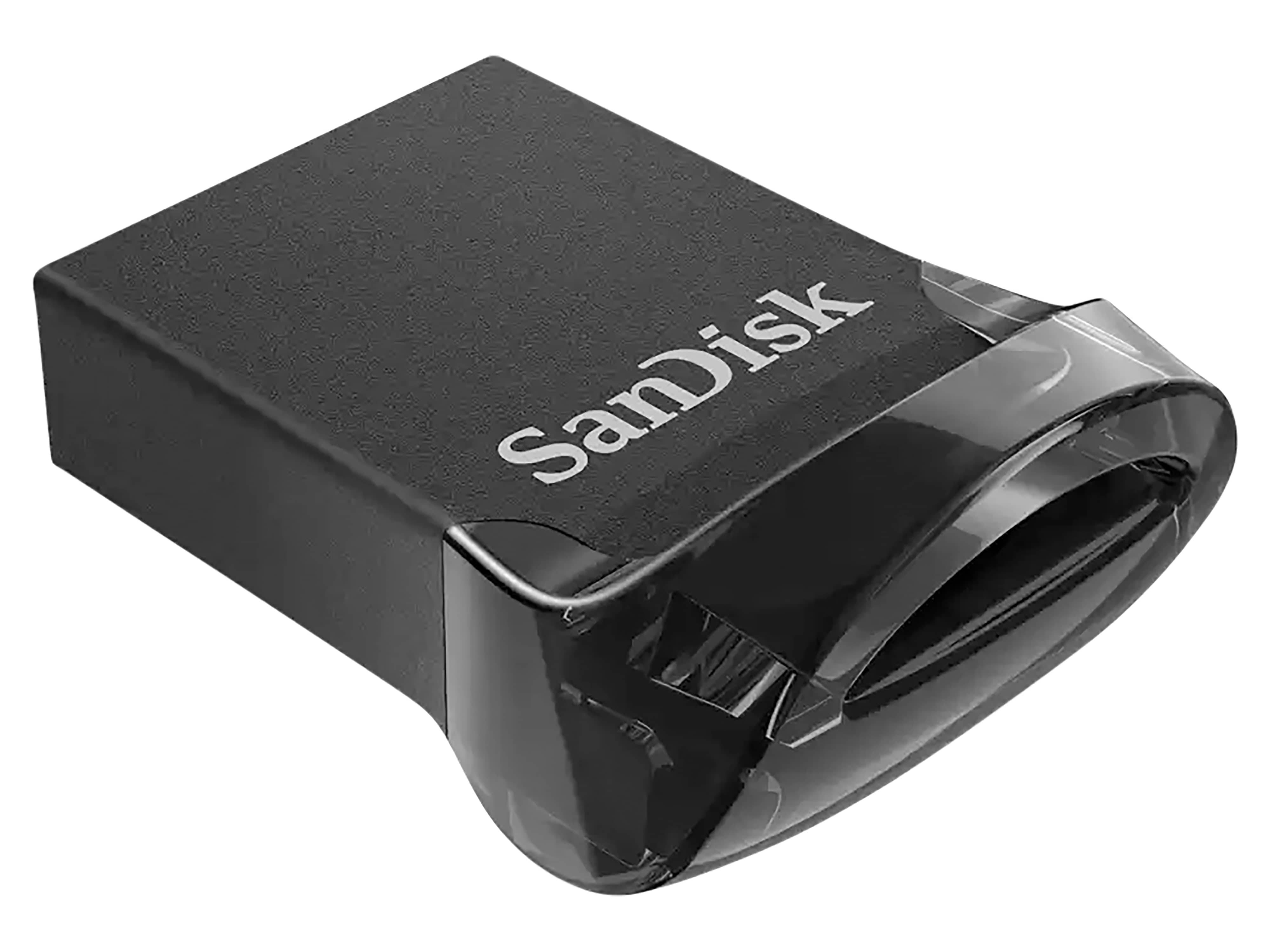 Ein schwarzer SanDisk USB-Stick mit Schlüsselring, der ein schlankes, kompaktes Design für mobile Datenspeicherung aufweist.