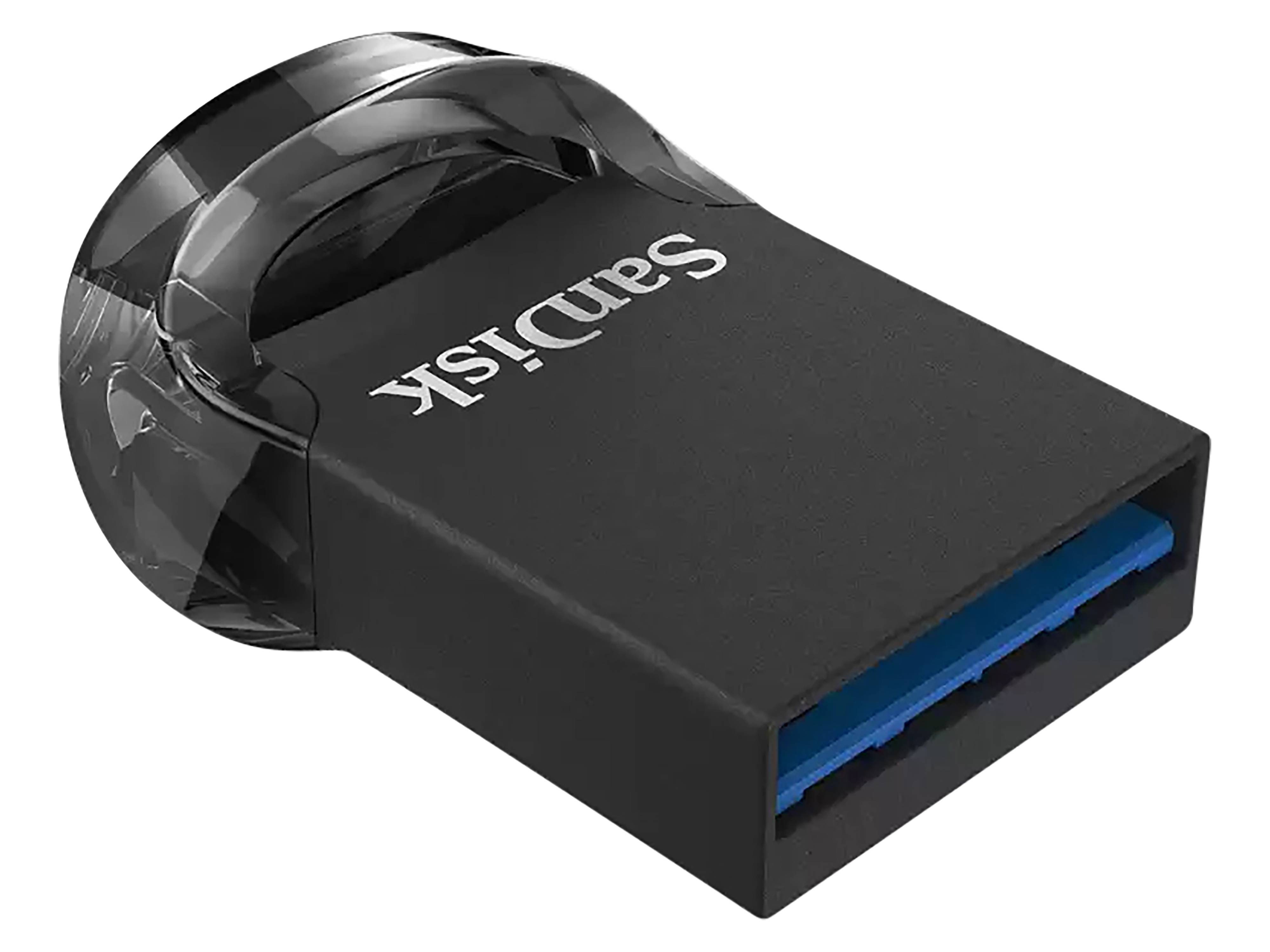 Ein schwarzer USB-Stick mit dem Markennamen, der auf der Oberseite sichtbar ist. Er verfügt über ein kompaktes Design und eine transparente Schutzkappe.